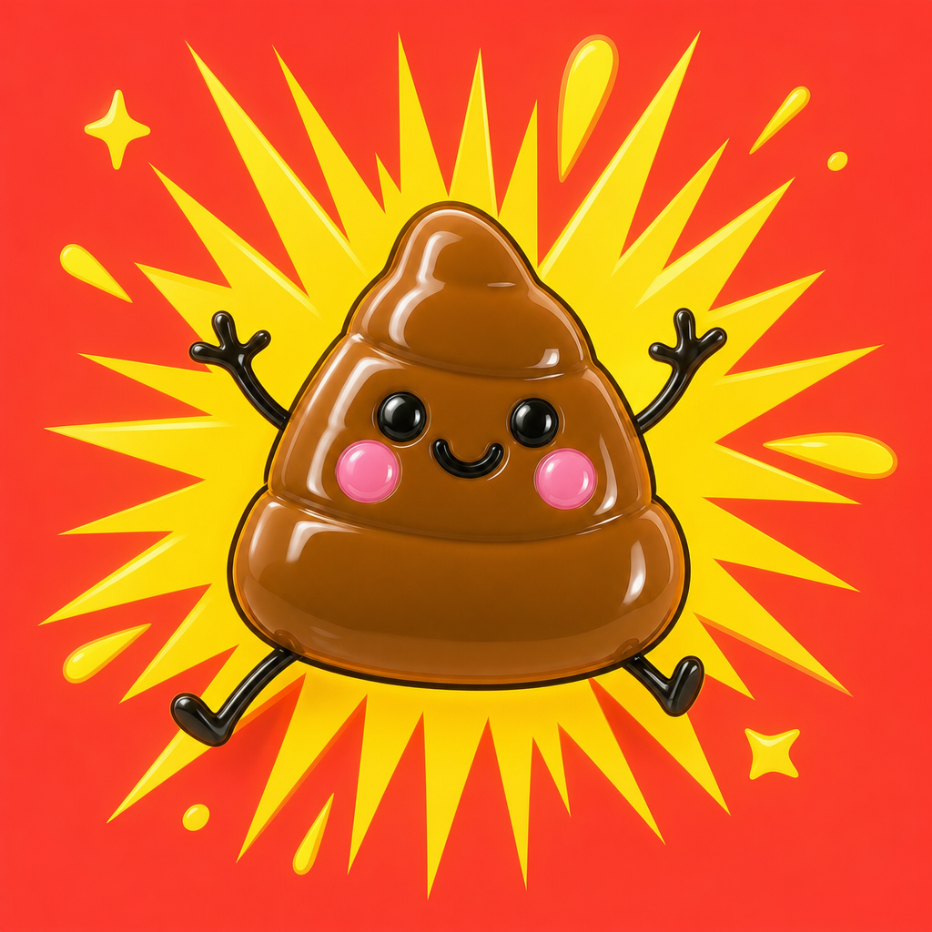 POOPET leaping with arms wide inside a spiky yellow starburst on a red backdrop.
