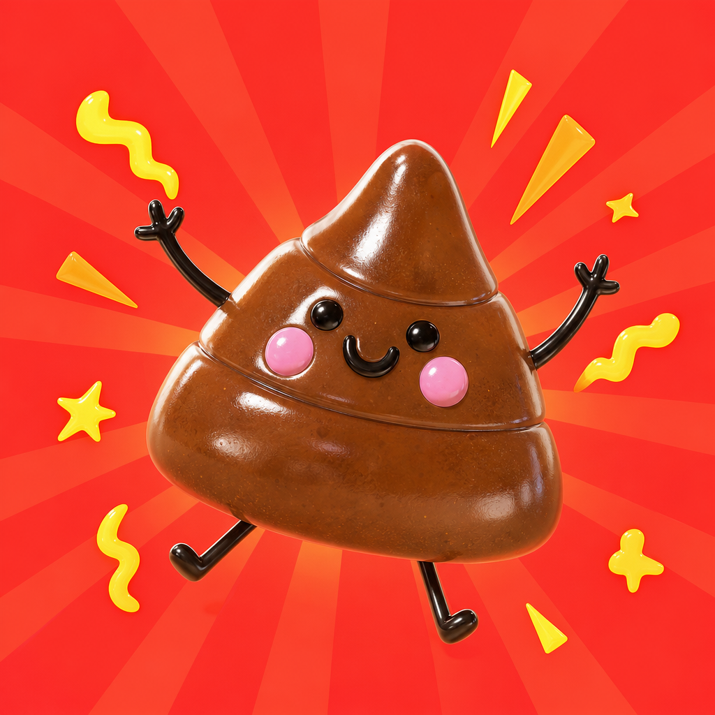 POOPET jumping with a heart, squiggles of yellow confetti curling around him on a red backdrop.