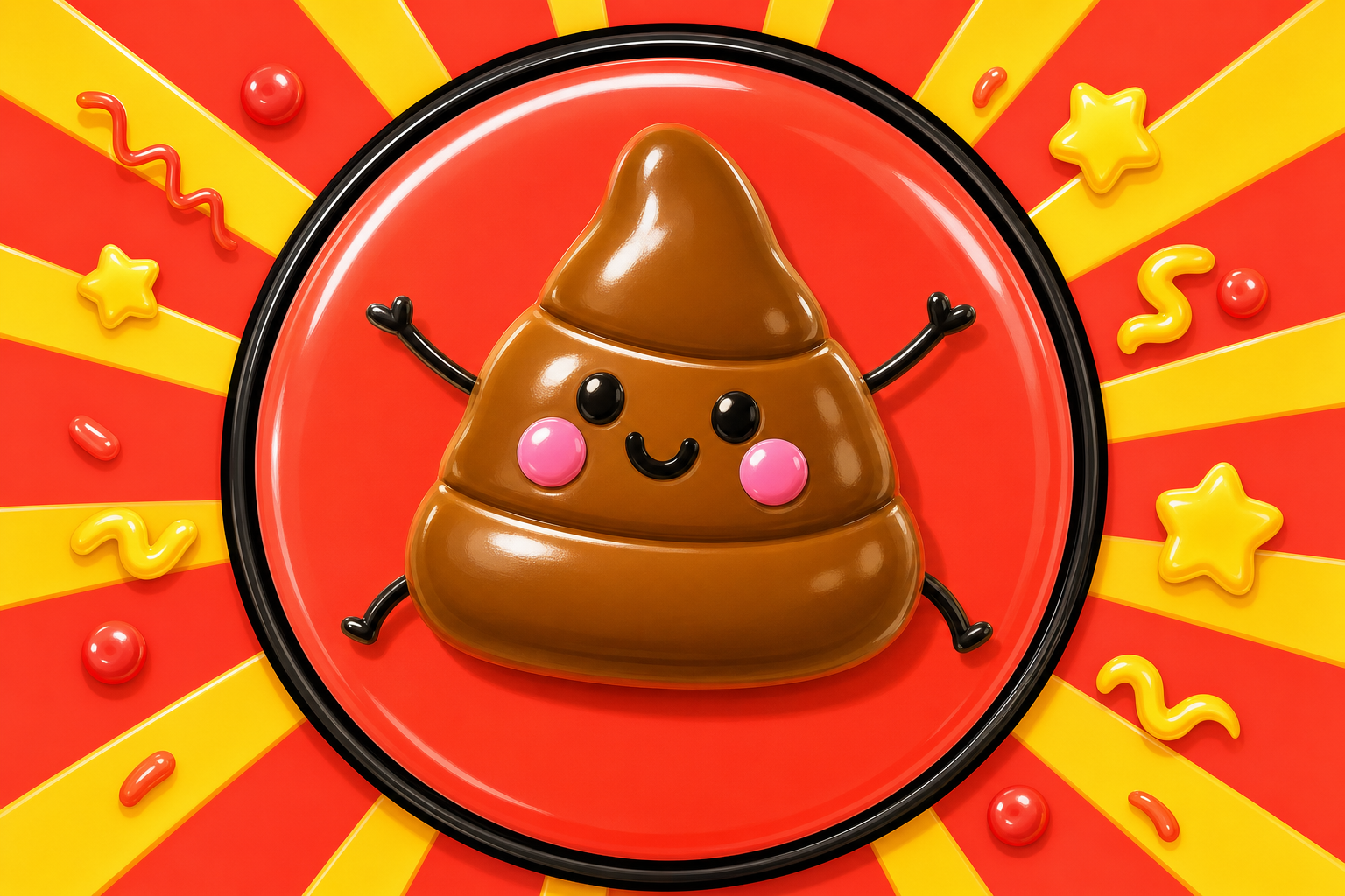 POOPET framed inside a glossy red disc with a thick black ring, stars and confetti drops scattered around him.