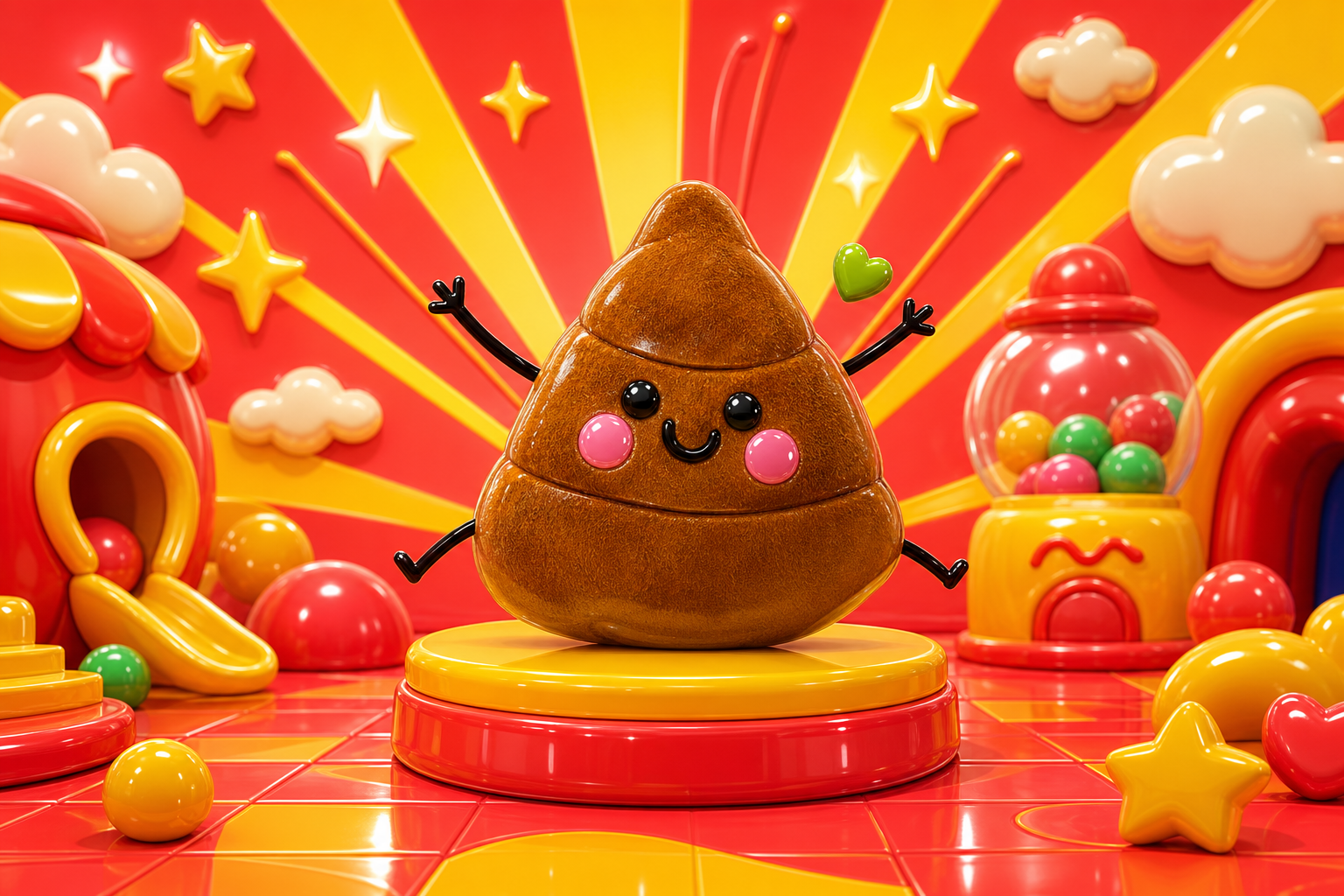 POOPET posed on a glossy yellow-and-red podium inside a candy-colored toy-world scene, surrounded by gumball machines and slides.